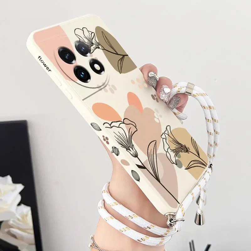 Elegant Artistic Line Flowers Crossbody Lanyard Silicone Phone Case
