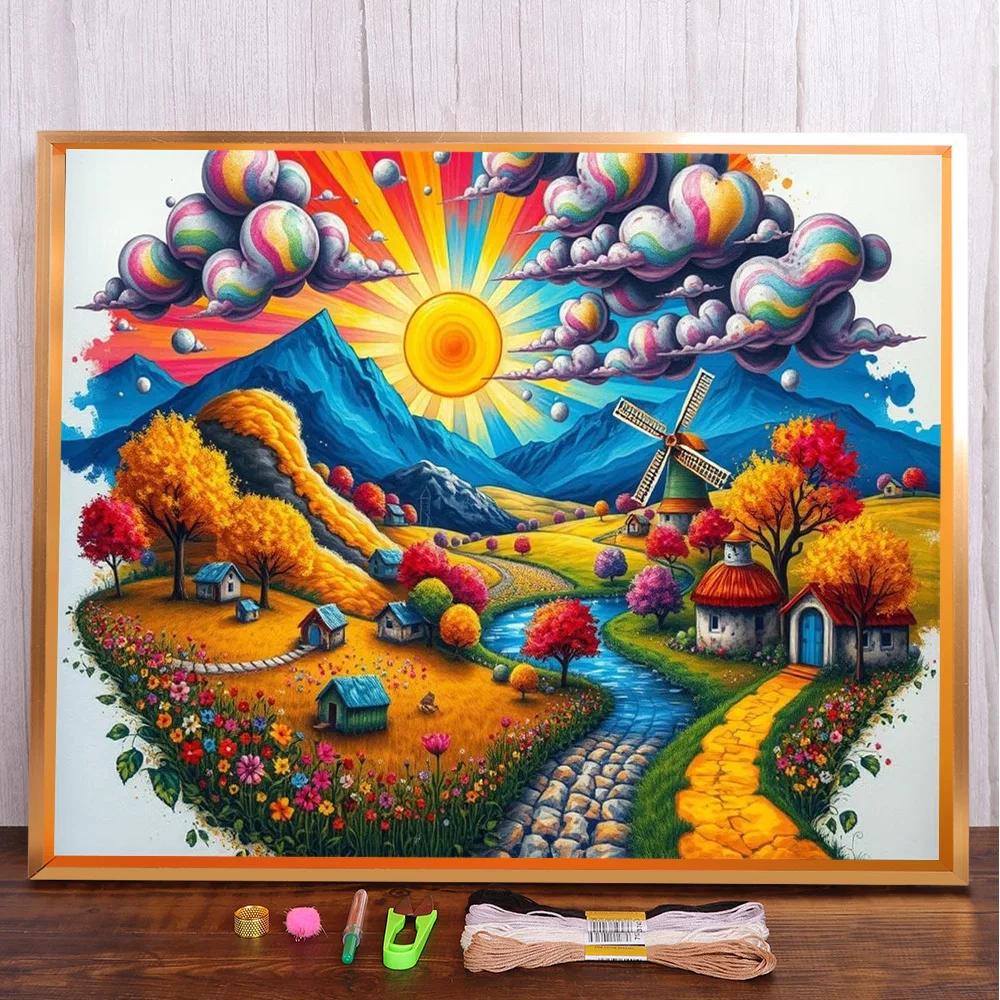 Landschaft Sonnenuntergang vorgedruckt Kreuzstich DIY Stickerei Komplettset Nähen Malen Stricken Handwerk Home Decor Verkaufsgeschenk