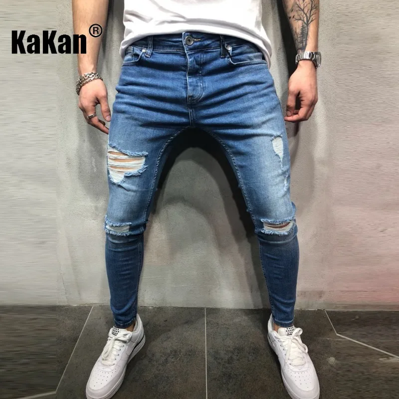 Kakan - European and American New Elastic Perforated Tight Jeans Men's Wear, Knee Perforated Jeans Pants K2-1034