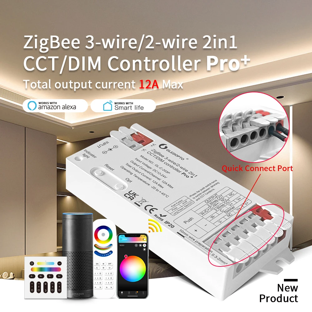 GLEDOPTO ZigBee 3.0 Pro Plus WWCW 2 in 1 CCT Dimmer LED Strip Light Controller 12A Max H/ue Alexa Tuya Smart Life APP Control gledopto zigbee 3 0 pro wwcw 2 in 1 cct dimmer led strip light controller 12a max h ue alexa homey tuya smart life app control