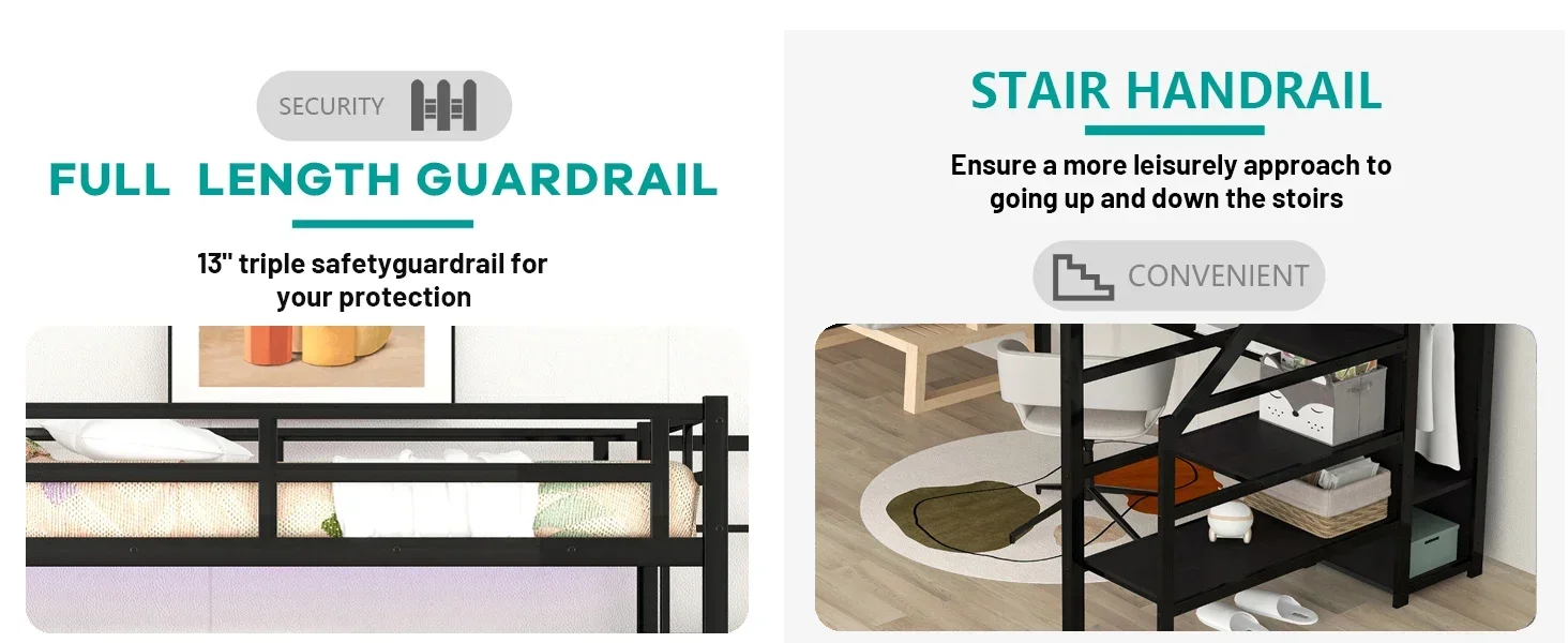 Heavy Duty Loft Bed with Stairs, Wardrobe, Adjustable Shelf and Charging Station