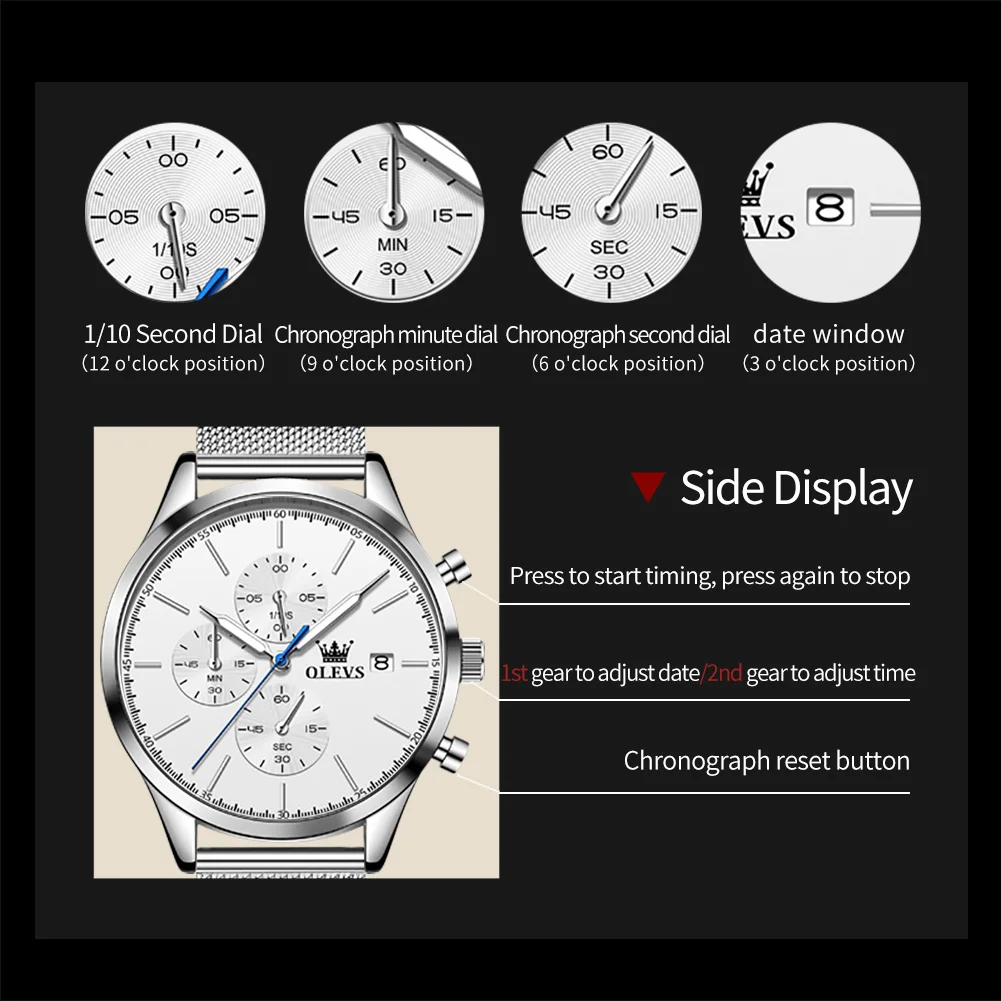 OLEVS 2881 Original Men's Watch Mesh Steel Strap Classic Small Dial Chronograph Calendar Wristwatch Luxury Quartz Watch for Man 2