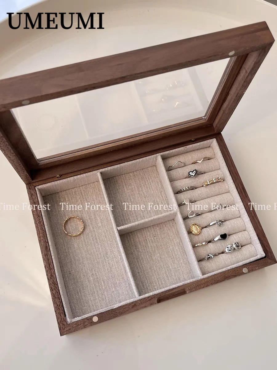Retro HighEnd Walnut Solid Wood Jewelry Box With Acrylic Glass Cover Linen Lining Necklace Ring Earring Storage Display Box 4