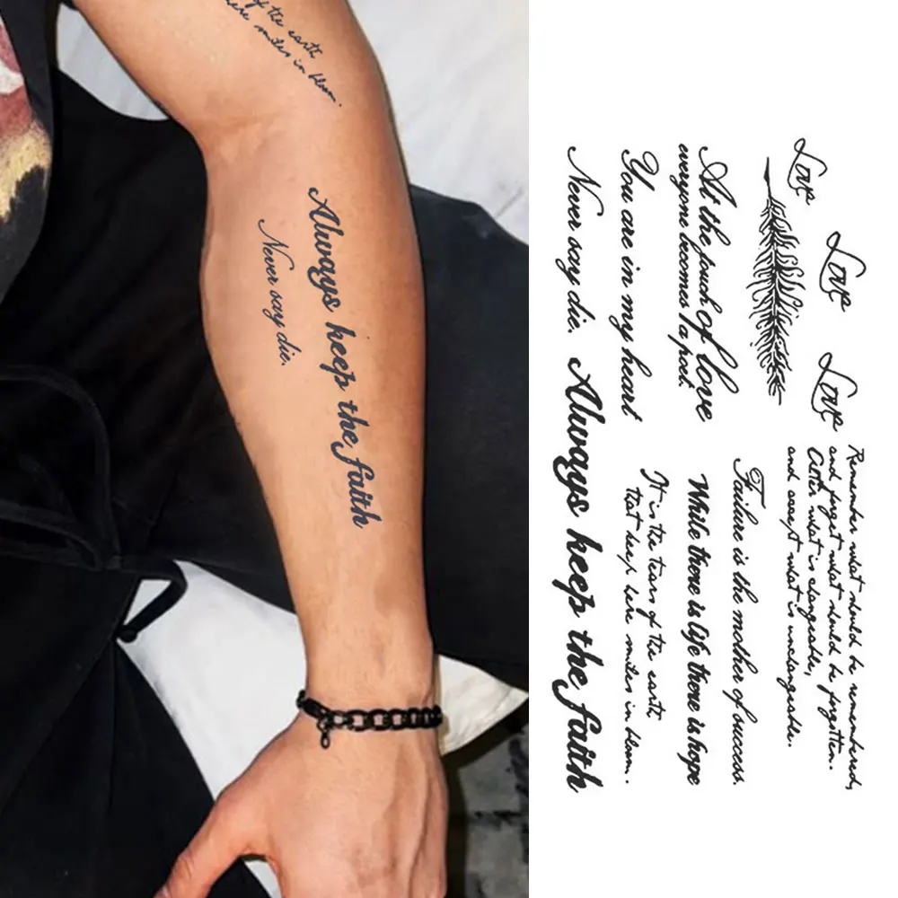 Temporary Tattoo Sticker Juice Ink Lasting English Word Waterproof Temporary Tattoo Sticker Black Letter Feather Fonts Fake Tattoo Body Art Men Women Arm
