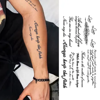 Adesivo per tatuaggio temporaneo impermeabile con parola inglese a lunga durata con inchiostro di succo, lettere nere, caratteri di piume, tatuaggio finto, body art, uomo, donna, braccio