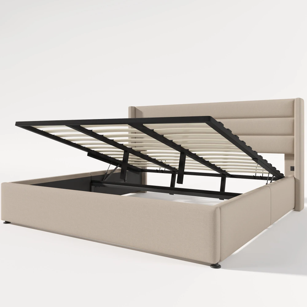 Multifunktionales Hydraulisches Stauraumbett | Beiger Leinen-Holz-Metallgitter-Rahmen | Robustes Doppelbett für kleine Schlafzimmer – Detail 18
