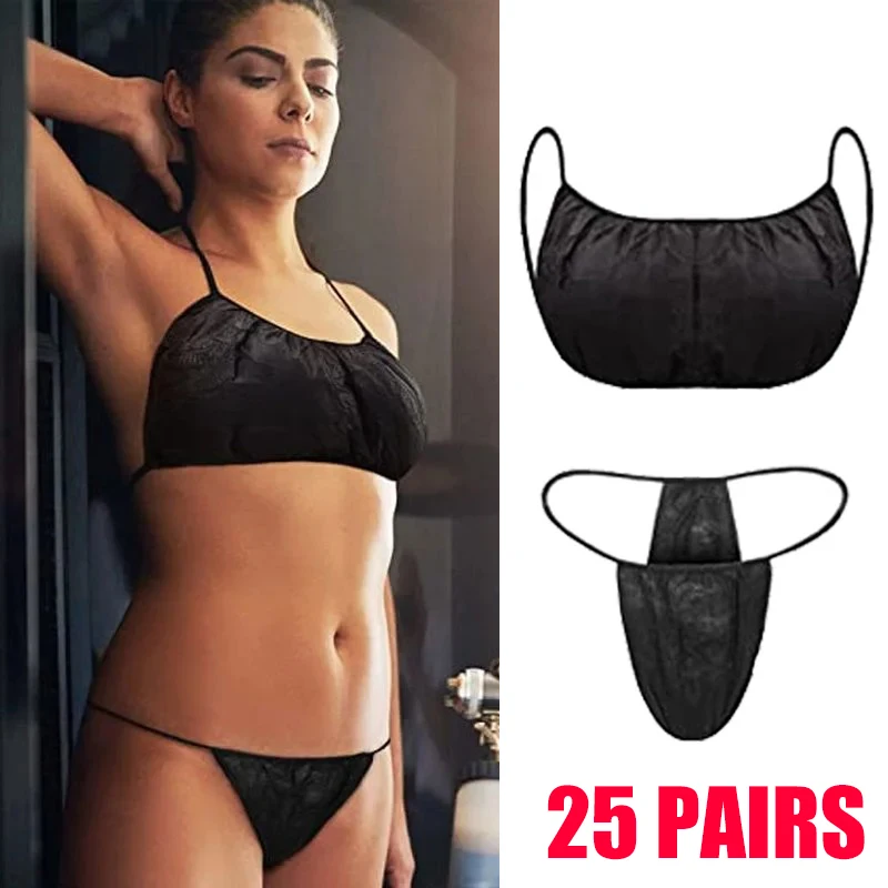 цена 25Sets Black Disposable Non-Woven Fabric Bra Tops Thong Women Underwear Breathable Lingerie Brassiere for Beauty Salon Spa Sauna