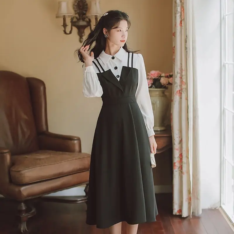 

Spring Autumn Fashion Elegant Polo Neck Long Sleeve Pullover Fake Two Pieces Loose Casual Versatile OxygenClothing Women Dresses