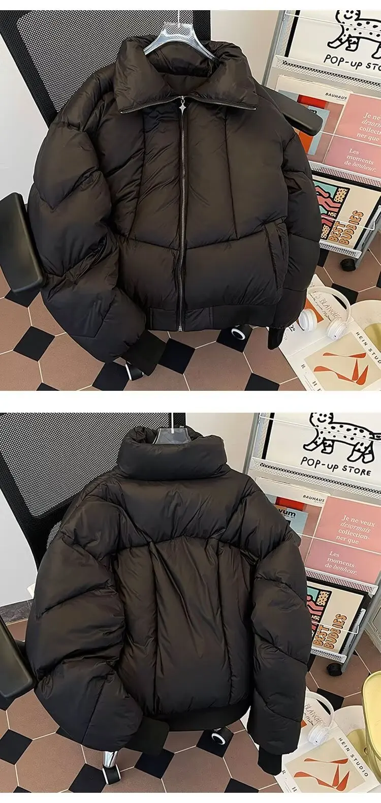 Kurze Pufferjacke für Herren, Winter, verdickt, warm, Daunen-Baumwollmantel, lockerer hoher Kragen, Streetwear, modisch, winddicht, Brotjacke – Detail 3