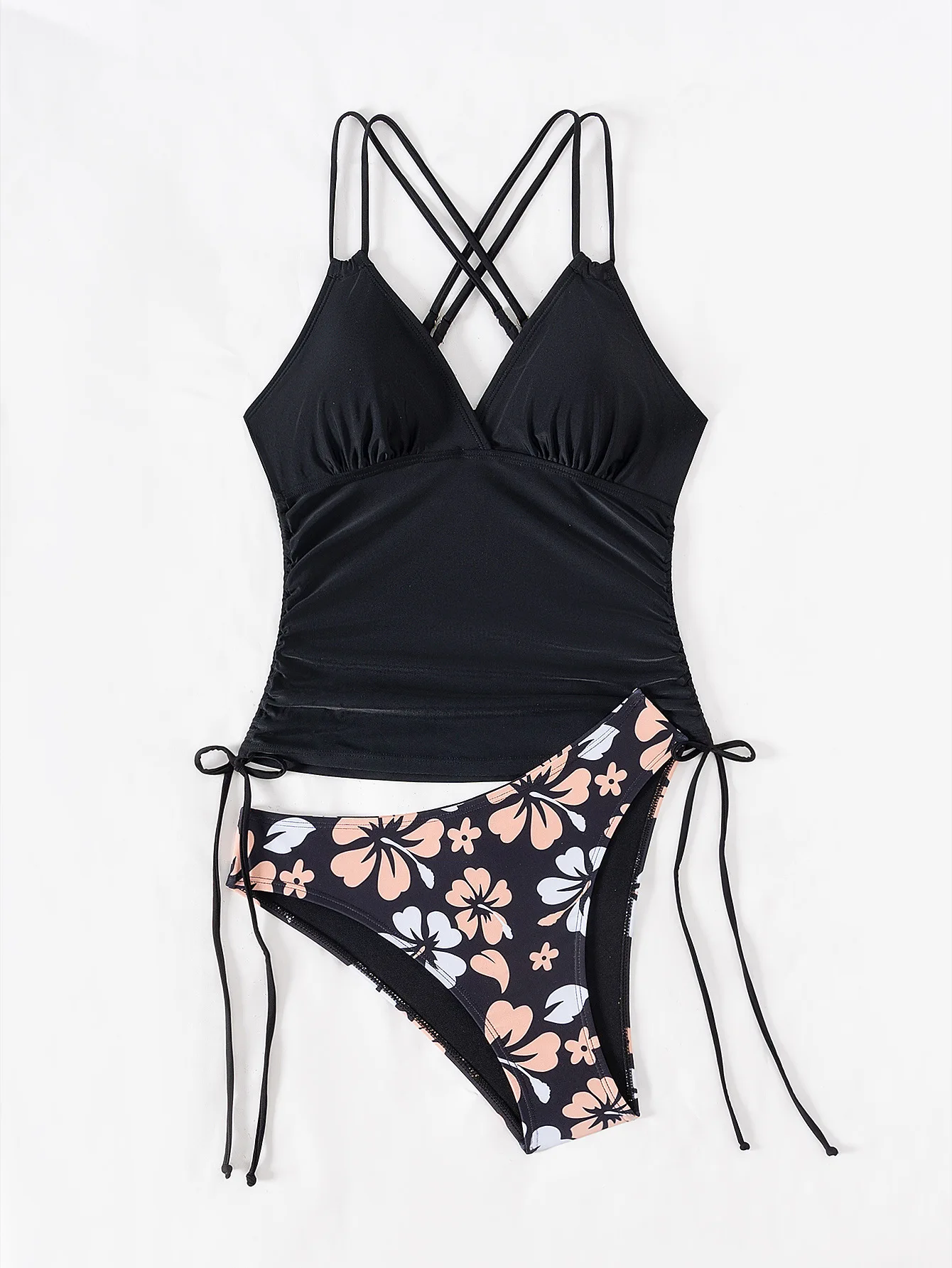Floral Print 2 Piece Bathing Suit Black Bikini Top Flower Bottom Two Pieceswimsuit Set Female Beach Wear For Summer Vocation