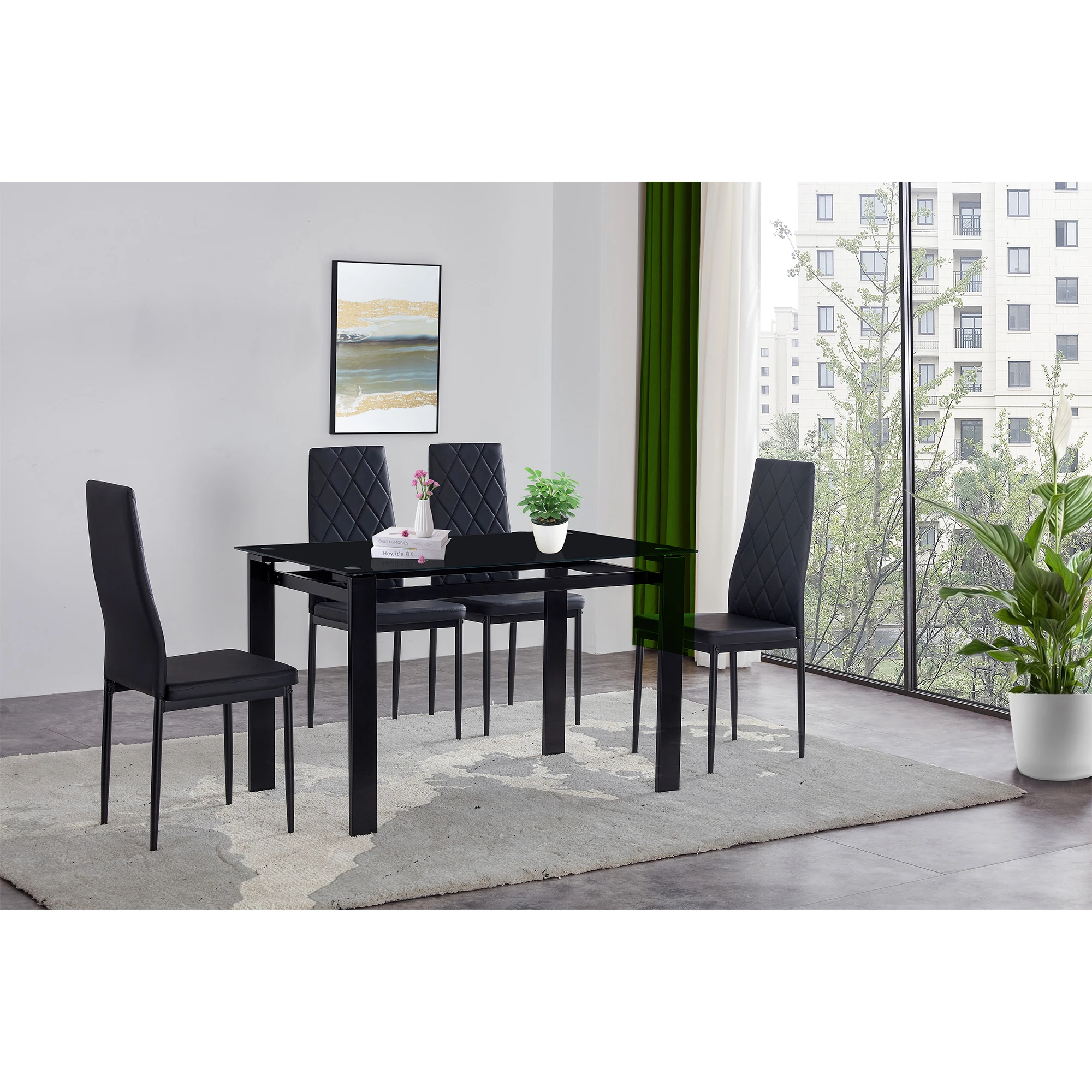 Juego de mesa de comedor 5 piezas para comedor, espacio compacto con sobremesa de cristal, 4 sillas de cuero de imitación con marco de Metal| | - AliExpress