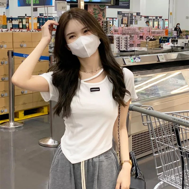 

T-shirt Women Summer Irregular Design Short Sleeve Underlay White Black Top
