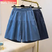 Loose A-Line Denim orts Women's Summer Thin Ice Silk  Wide Leg Five-Quarter Length Middle Waist Pants plus Size