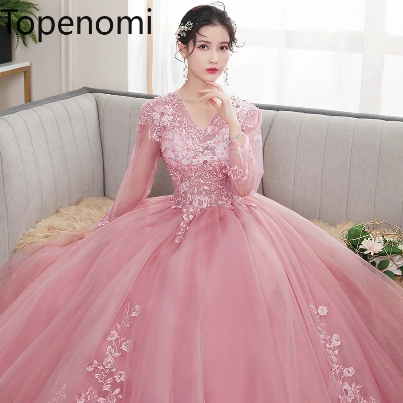 

Topenomi Long Sleeve Formal Wedding Dress Women V Neck Lace Appliques Party Prom Ball Gown Luxury Quinceanera Evening Vestidos
