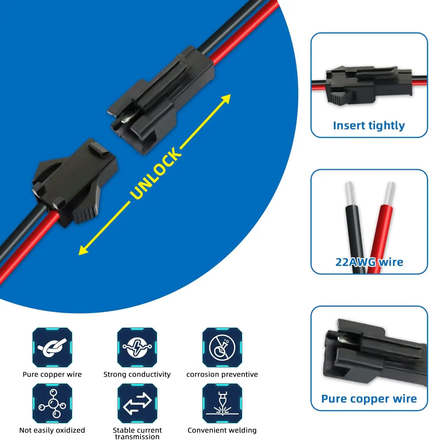 SM JST 2PIN Wire Connector Cable for WS2812B WS2811 LED Strip Lights 22AWG Male Female Without Soldering Light Controller Wire