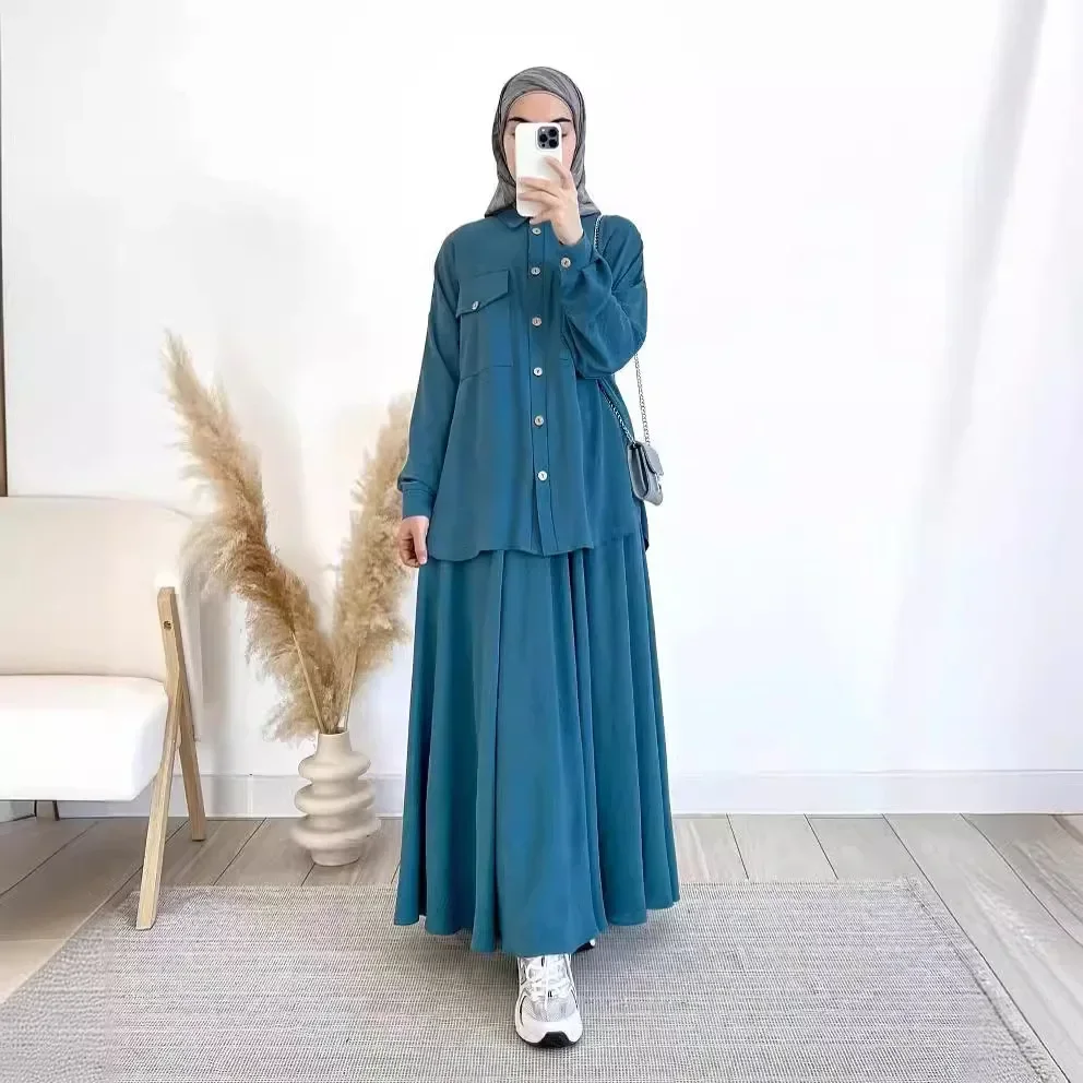 Two-piece long-sleeve shirt and skirt set for women, elegant Dubai Turkey abaya, casual Islamic upper clothing, solid color skirt, fashion.