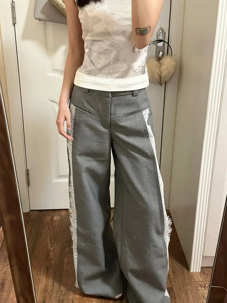 ADAgirl Lace Suit Pants for Women Y2k Fashion Oversize Spliced High Waist Korean Style Wide Leg Trousers Harajuku Causal Bottoms adagirl blue wide leg jeans women y2k vintage oversize patchwork straight high waist denim pants harajuku slouchy mujer trousers