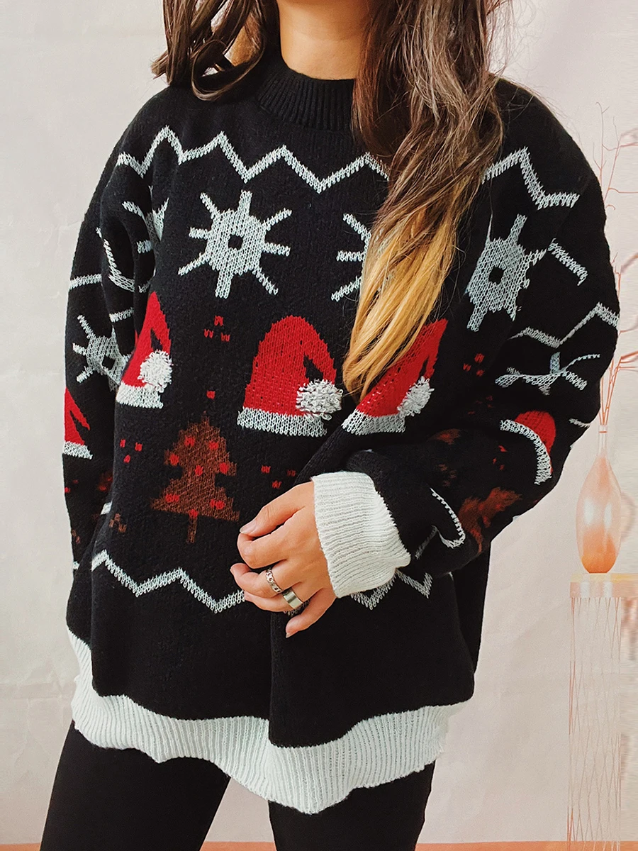 

Women's Christmas and New Year Sweater Long sleeved Round Neck Tree Pattern Pullover Winter Sweater Loose Pullover