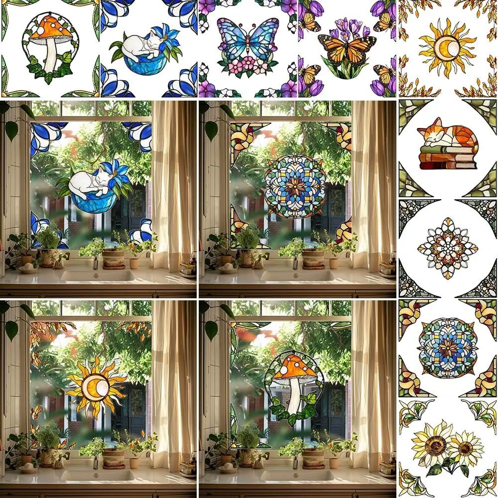 Multicolor Window Sticker Double Sides Flower Butterfly Cat Static Stickers Bird Collision Prevention Sticker Bedroom Livingroom