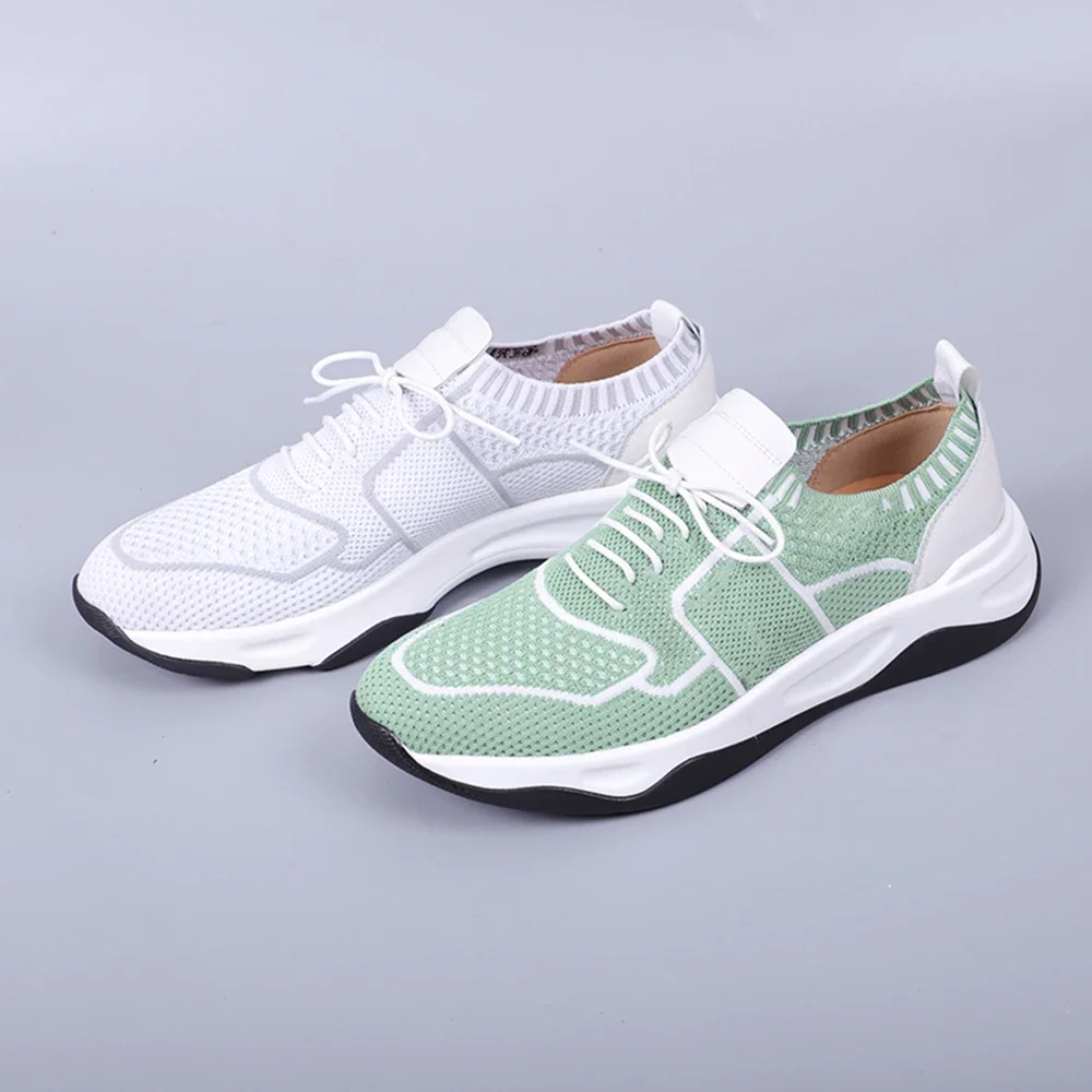 Men's Flat Casual Sneakers Breathable and Comfortable Knitted Fabric with Cow Genuine Leather Light Soft Outdoor Male Footwear 3