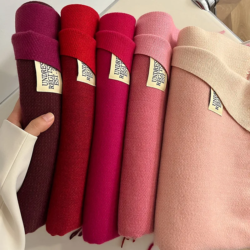 Double Sided Winter Cashmere Scarf Women Thick Warm Pashmina Shawls Wraps Tassel Lady Blanket Medium Length Scarf Solid Color