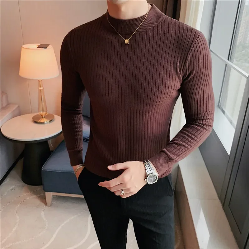 

10 Colors Dark Vertical Stripes Solid Color Half Turtleneck Knit Sweater Men Solid Color Long-sleeved Slimming Sweater Pullovers