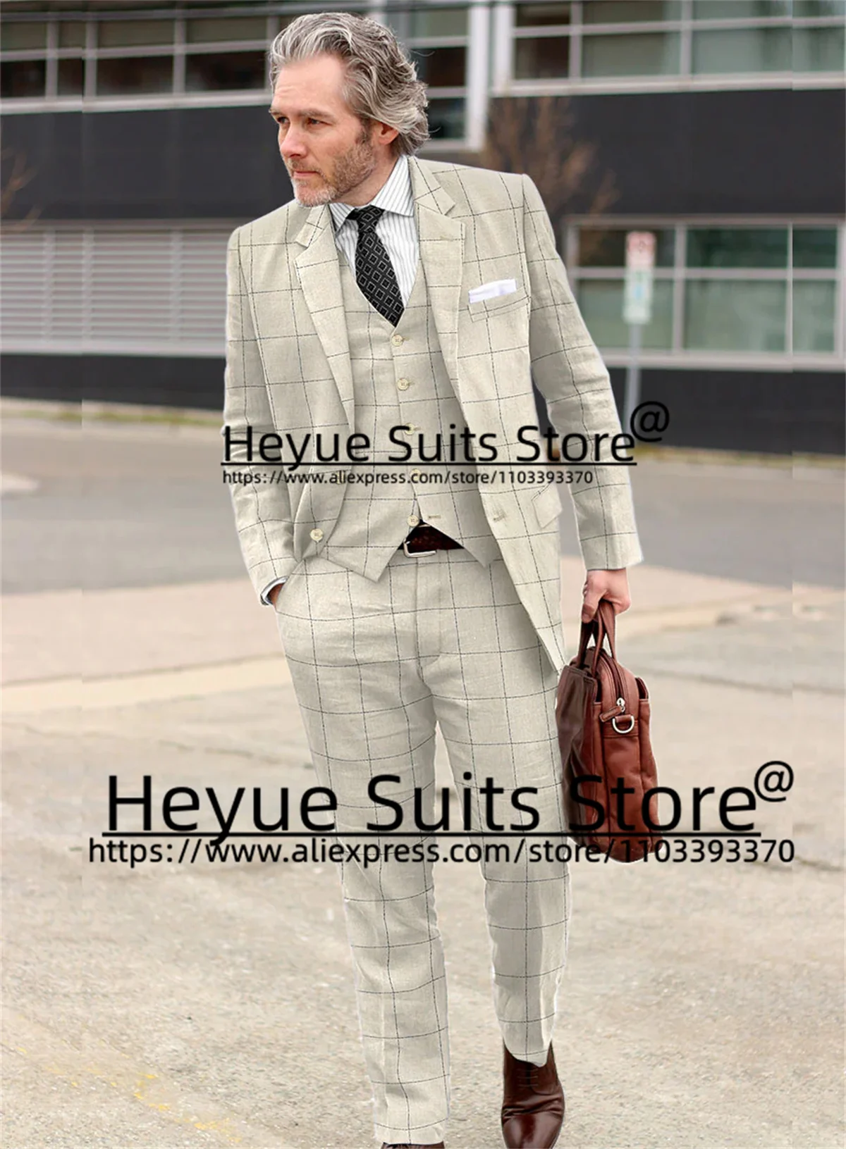 Beige Formal Plaid 3 Pieces Sets Custome Slim Fit Notched Lapel Groom Wedding Tuxedos High Qublity Male Blazer Costume Homme