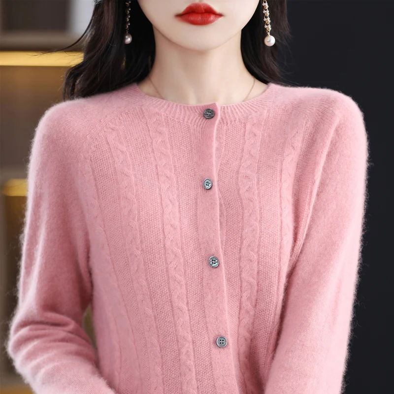 

Autumn and winter new first-line ready-to-wear ladies 100% pure wool O-neck solid color twisted needle knitted wool cardigan