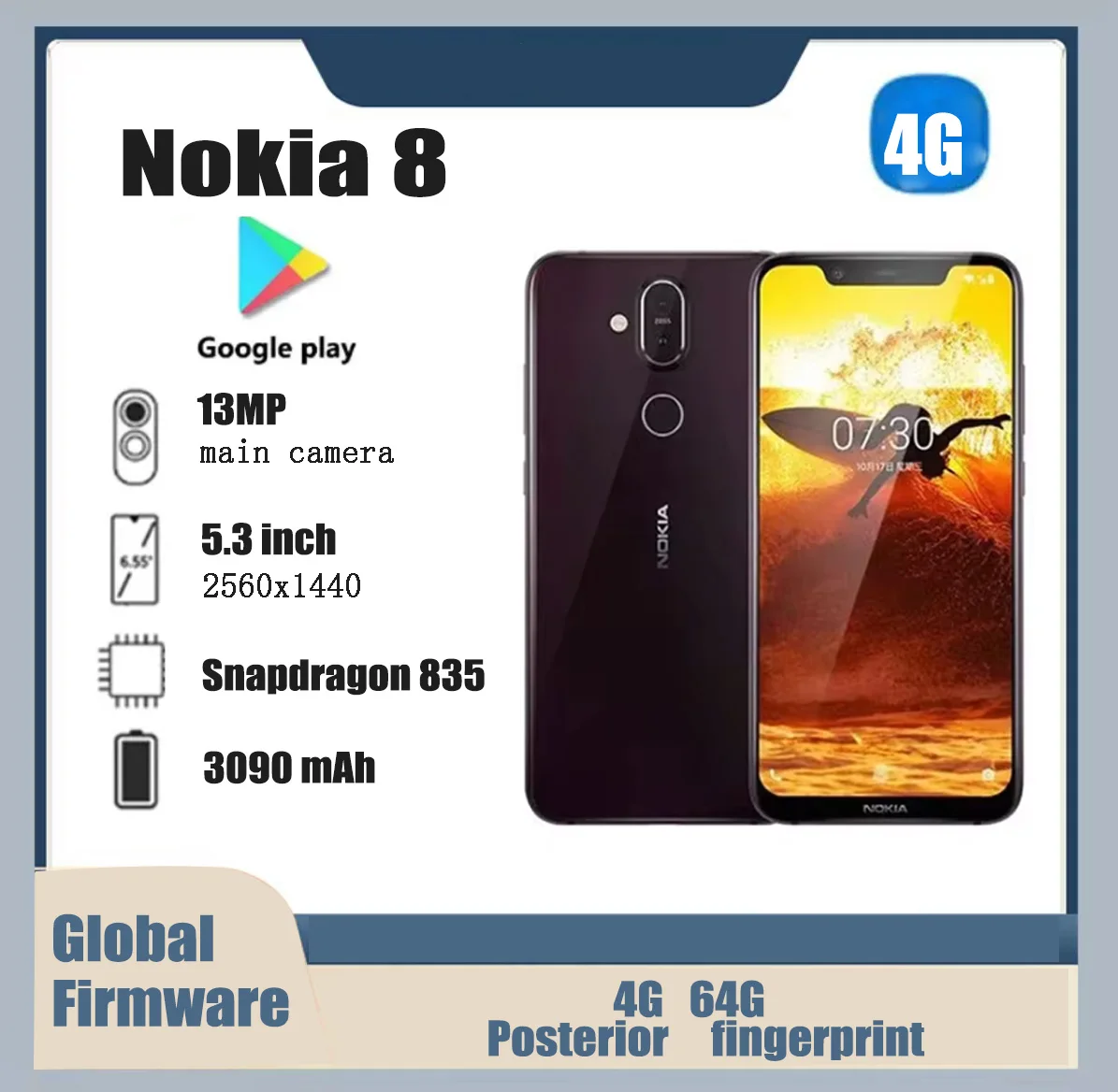 Nokia 8 Smartphone 4G SmartPhone CPU Qualcomm Snapdragon 835 Battery capacity 3090mAh 13MP Cameraoriginal used phone