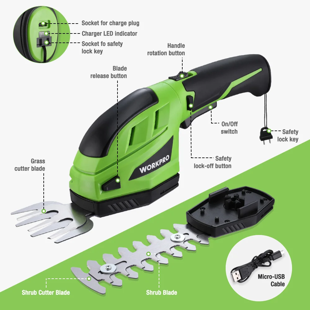 WORKPRO 3.6V/7.2V 2 in 1 Handheld Hedge Trimmer Electric Grass Trimmer Hedge Shears / Grass Cutter Rechargeable 4
