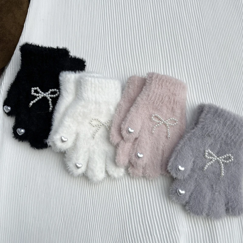3-8Years Children's Gloves Autumn Winter New Windproof Warm Knitted Plush Cartoon Pearl Bow Girls' Love Gloves