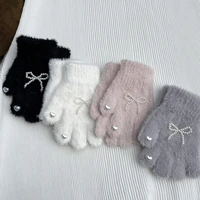 3-8Years Children's Gloves Autumn Winter New Windproof Warm Knitted Plush Cartoon Pearl Bow Girls' Love Wholesale Gloves 1