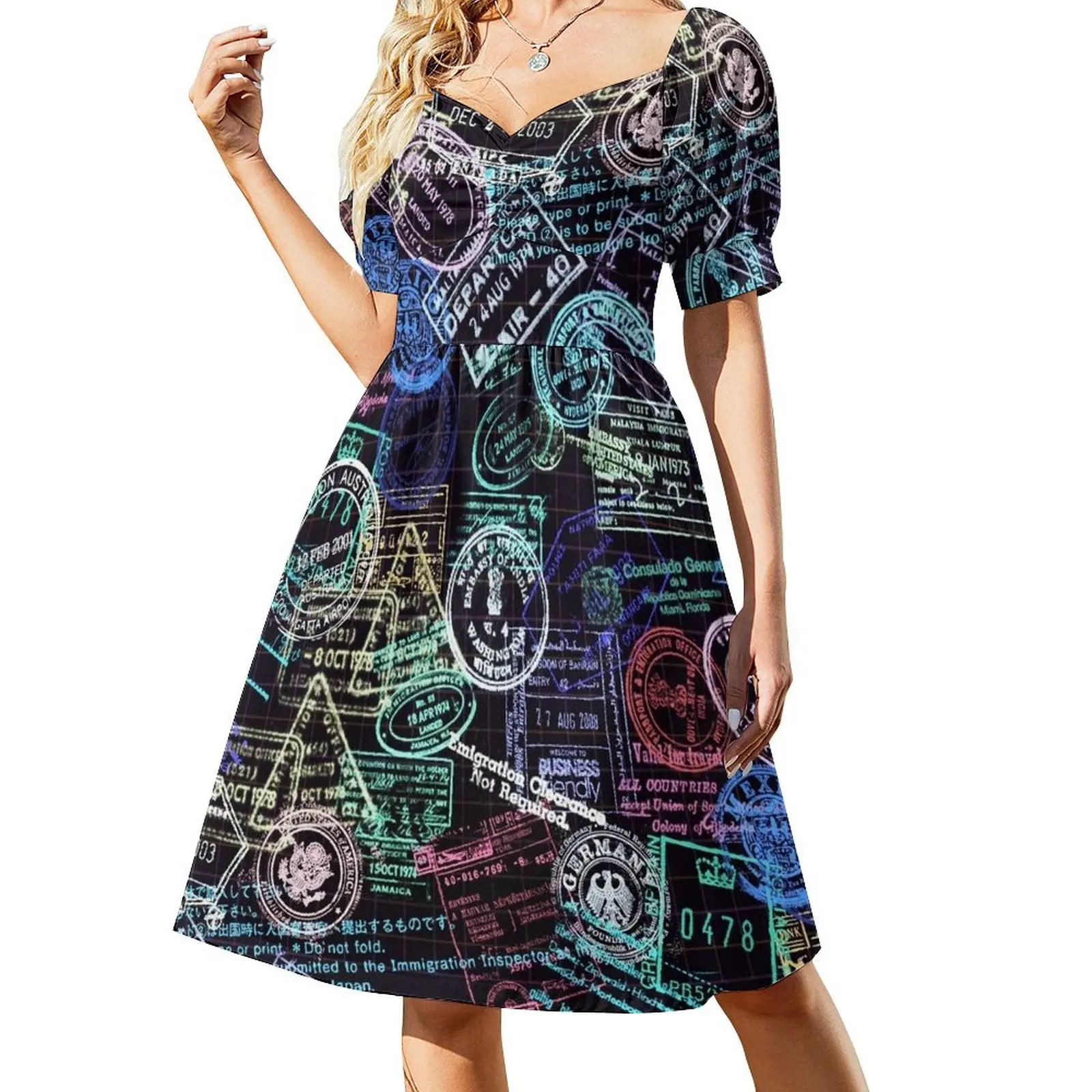 thumbnail image 1 of Vestido de manga corta con sellos de pasaporte, vestido de verano , vestidos de ceremonia para mujer., 1 of 7