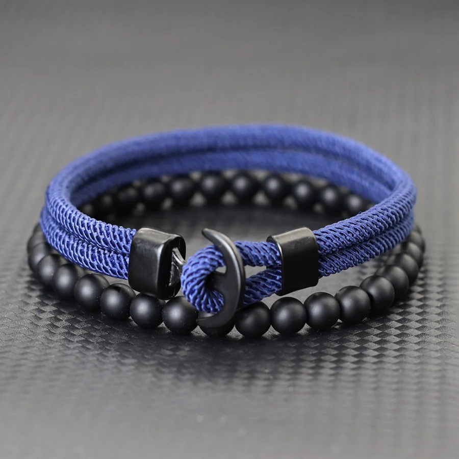 Stilvolle Anker 2 Teile/satz Armband Männer Natürliche Onyx Stein Perlen Doppel Schicht 4mm Grade A Seil Armband Charme Surfen homme Schmuck