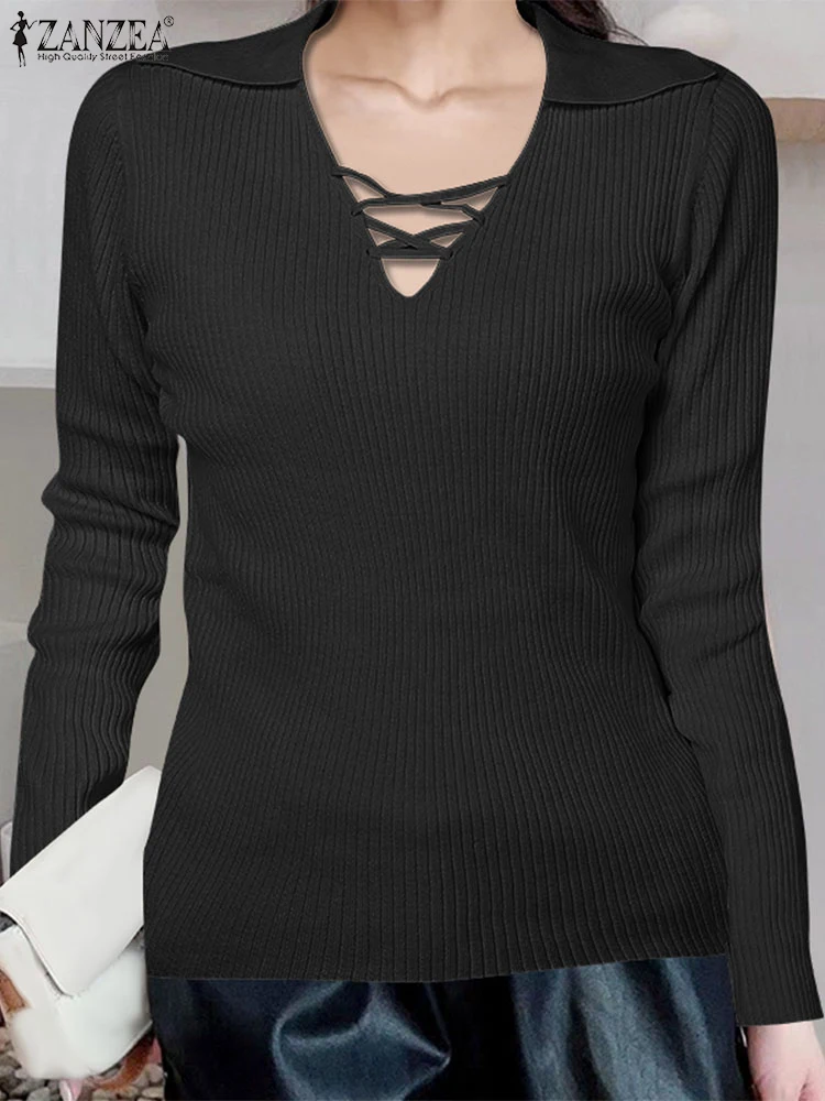Women Knitted Sweaters Autumn Pullover Solid Tops Long Sleeve V Neck