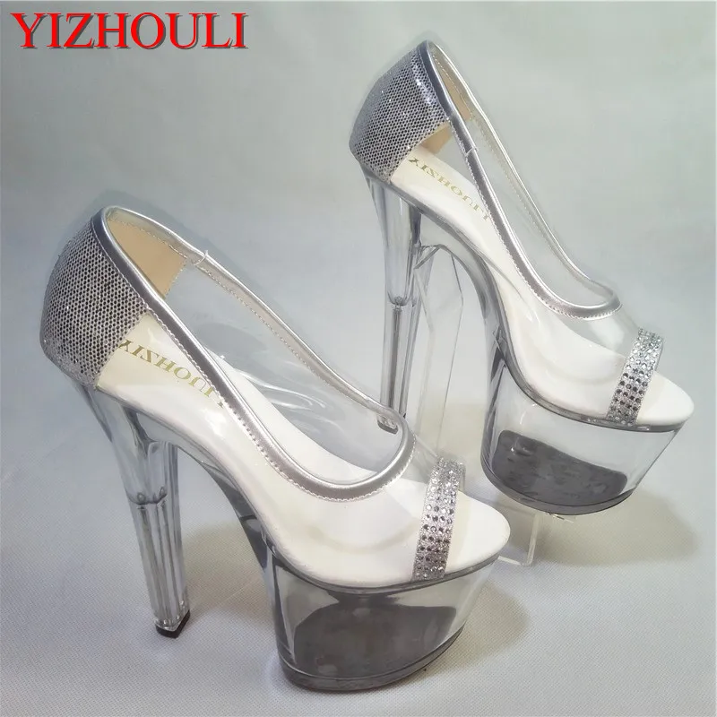 

15cm Summer Pumps Silver/Gold Women's Peep Toe Transparent High Heels Wedding Shoes Sexy Crystal dance shoes
