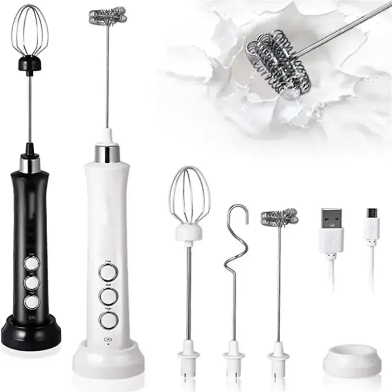 3 In 1 Electric Milk Frother Rechargeable Milk Foam Maker Handheld Foamer High Speeds Milk Frother Drink Mixer Coffee 2
