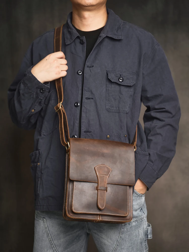 Borse a tracolla Messenger per uomo borsa a tracolla con cerniera piccola in vera pelle Casual borsa a tracolla piccola semplice da uomo - immagine 4