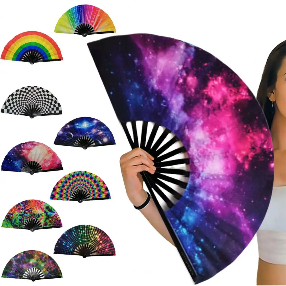 

Folding Fan Bright Color Rainbow Starry Sky Color Glow In The Dark Festival Performance Party Supplies Hand Fan Xmas Dance Fan
