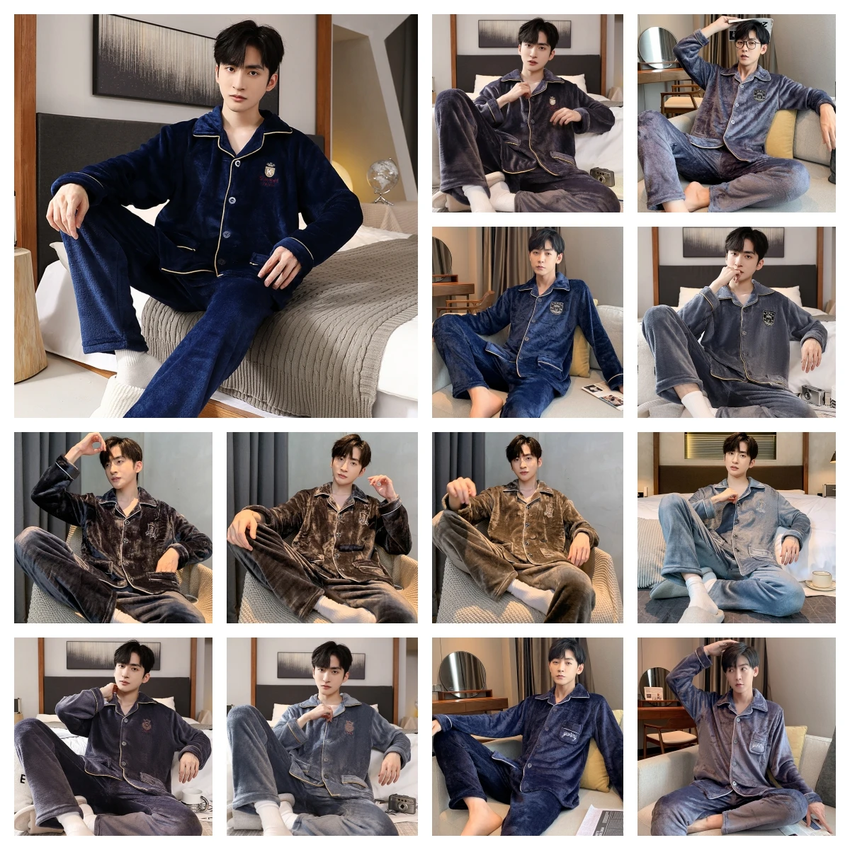 4XL 5XL Men Warm Flannel Winter Pajamas Turn-down Collar Long-sleeved Trousers Two-piece Set Loose Comfortable Sleepwear Suit