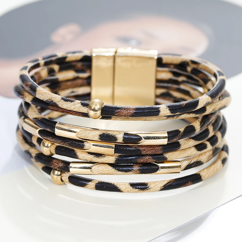 Leather bracelet ALLYES Leopard leather bracelet jewelry fashion women metal tube ladies wide boho multilayer wrap bracelets & bangles leather braided bracelet