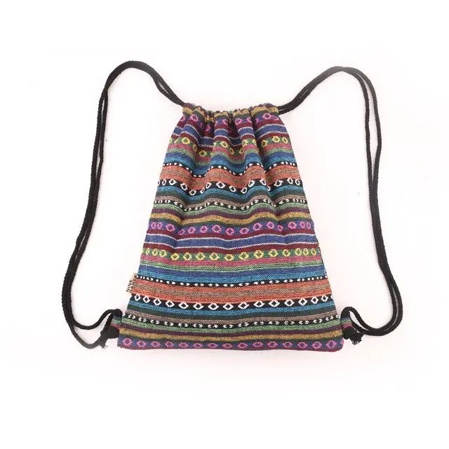 

Bohemian Schoolbag Beach Backpack Knitted Bag Drawstring Bag Shoulder Asian Ethnic Wind Drawstring Pocket Travel Backpack Canvas