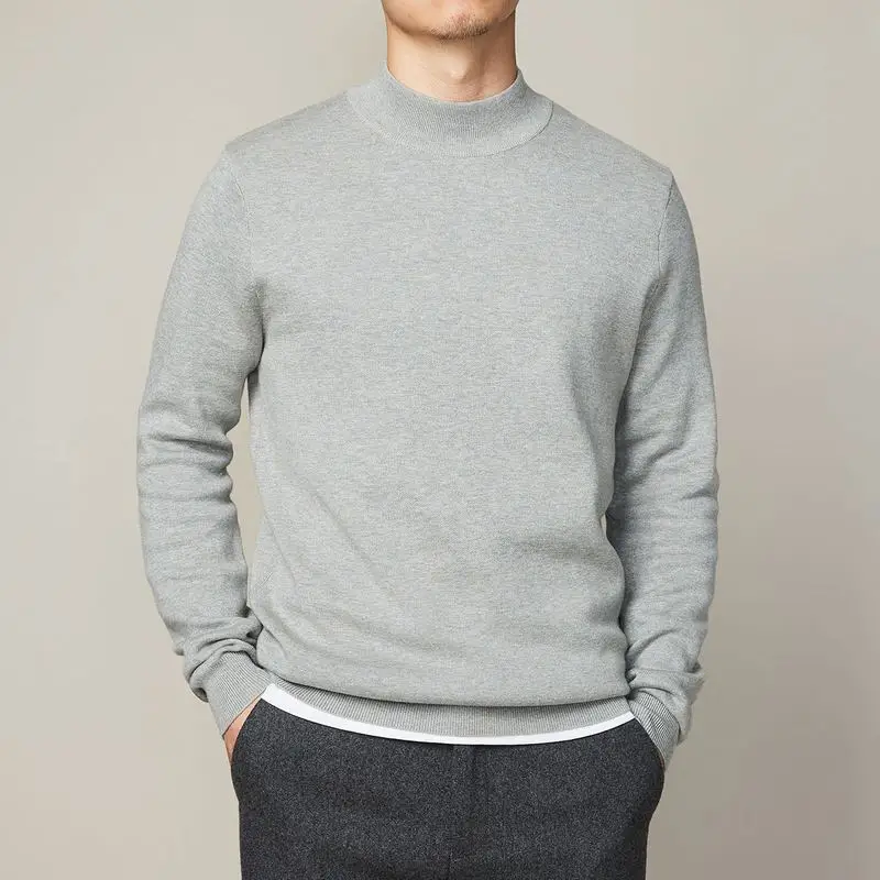 Men's Autumn Winter New Fashion Simple Solid Color Pullover Half High Neck Casual Versatile Long Sleeve Loose Sweater Knit Tops