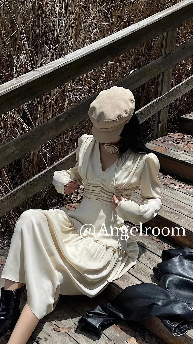 Autumn Satin Midi Dresses for Women Long Sleeve V-neck Folds Design A-line Korean Fashion Office Lady One Piece Vestidos New