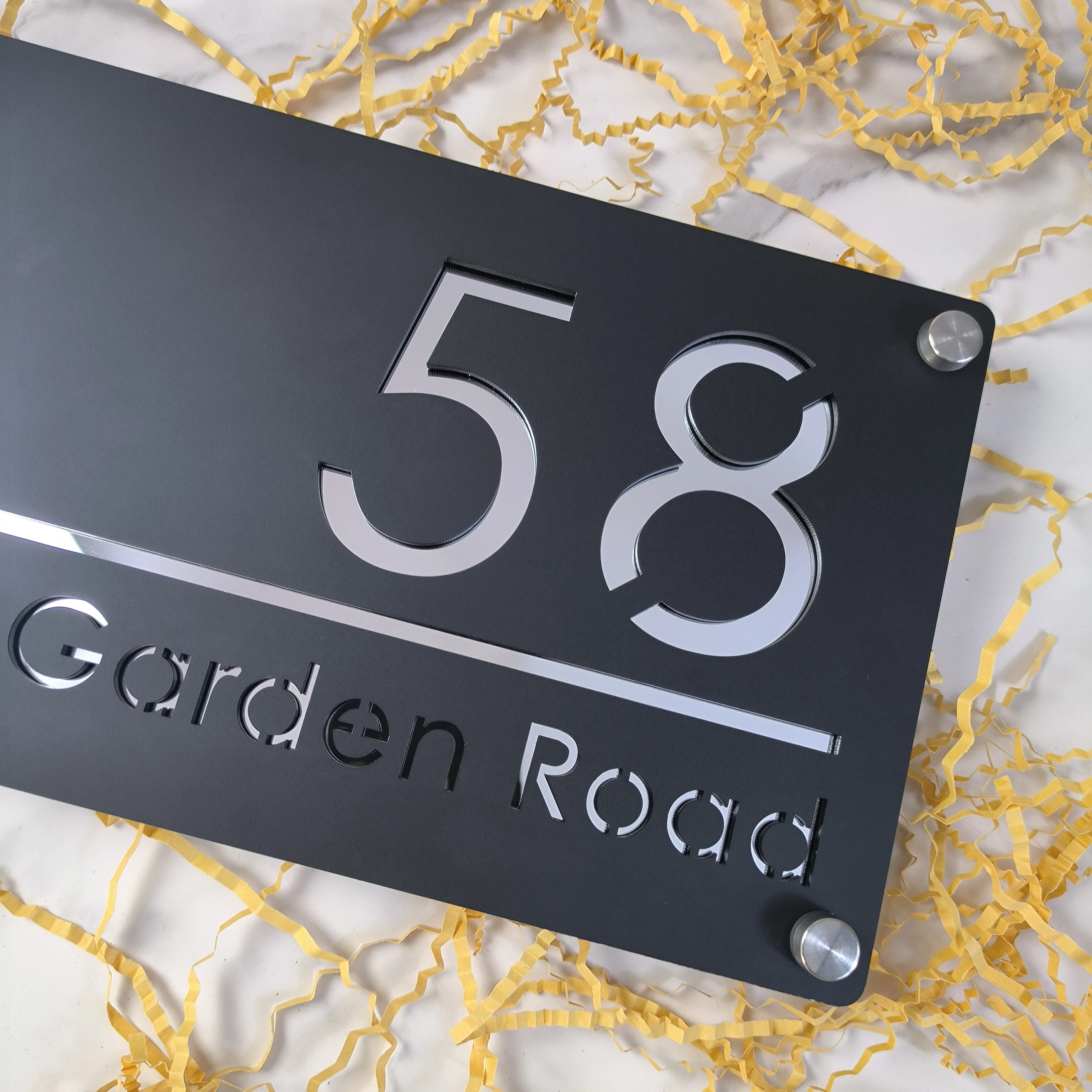 House Number Signs Personalized Laser Cut Acrylic Sign Modern House Number OutDoor Plaque Family Name Plate Door Signs Matte Black Mirror Silver