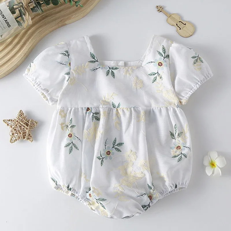 

2024 New Summer 0-24M Children Clothes Newborn Baby Girl Romper Short Sleeved Cotton Flower Print Korean Style Climbing Suit