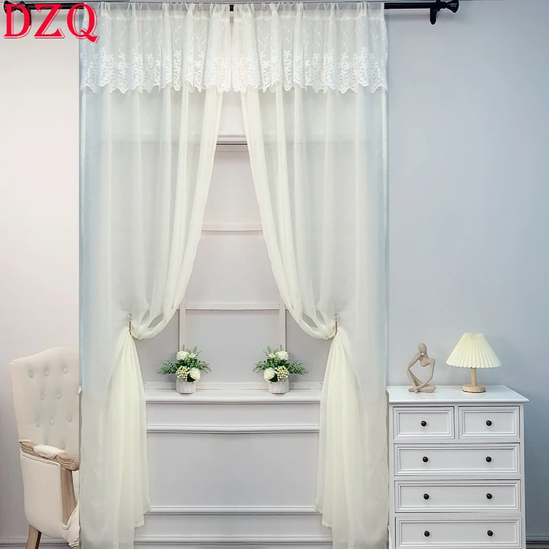 Idyllic White Lace Window Tulle Door Curtains Embroidered Flowers Gauze