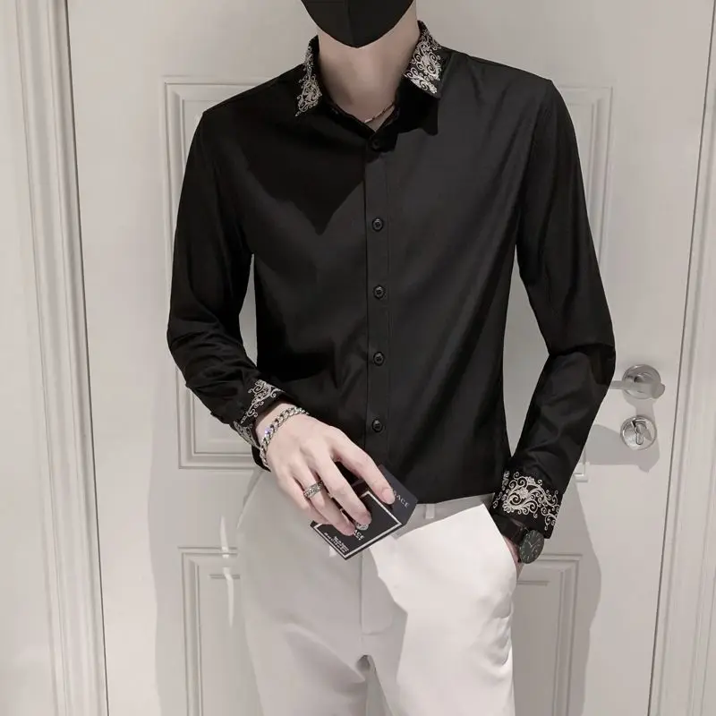 Men's Spring Autumn New Embroidery Solid Color Blouse Long Sleeve Polo Neck Slim Youth Shirt Tops Fashion Trend Men Clothing