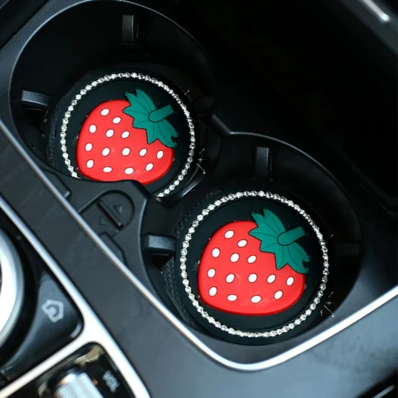 Bling Car Coasters with Strawberry Cartoon Round Silicone Gels Non-Slip Mat with 70mm Diameter for Water Bottles Durable