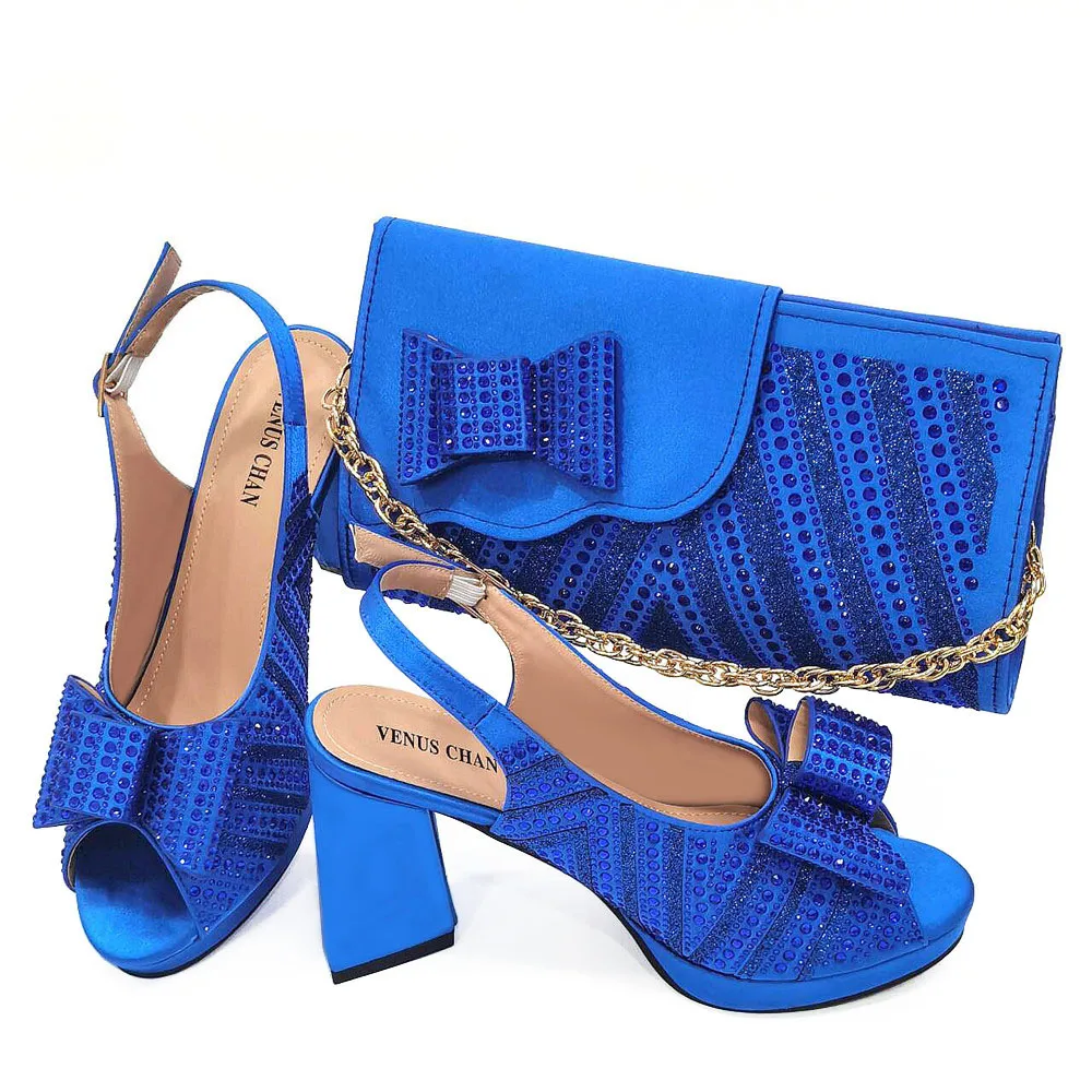 

2024 African Women's Evening Sandals for Wedding Fashion Platform Pumps Blue Heels Comfortable Party Women Shoes and Bags Set